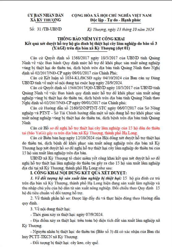 Thông báo niêm yết công khai thiệt hại lâm nghiệp (đợt 1) do bão YAGI trên địa bàn xã Kỳ Thượng